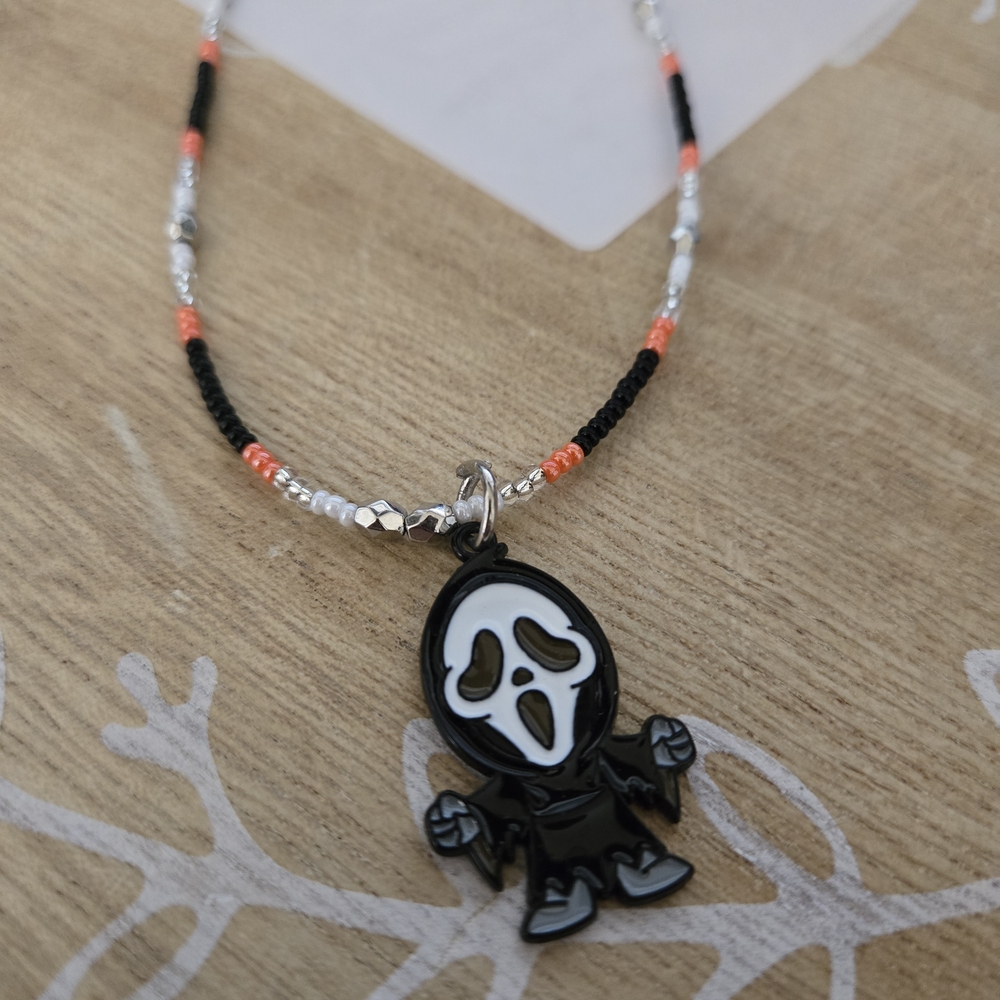 Black and White Ghost Pendant Beaded Necklace